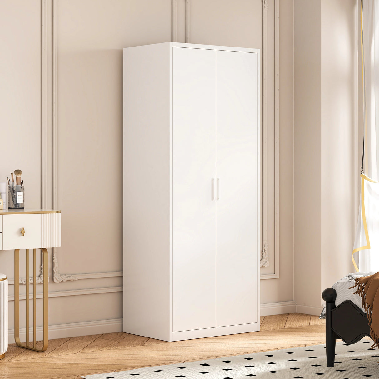80cm 2-Door White Steel Hanging Wardrobe, No Above Storage - White Handle