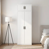 80cm 2-Door White Steel Shelf Wardrobe, Above Storage - Black Handle