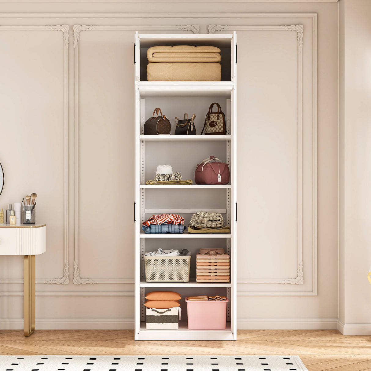 80cm 2-Door White Steel Shelf Wardrobe, Above Storage - Black Handle