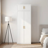 80cm 2-Door White Steel Shelf Wardrobe, Above Storage - Gold Handle
