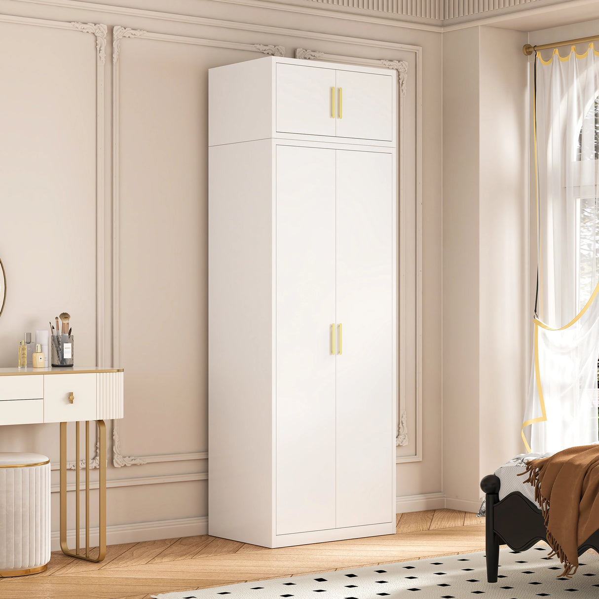 80cm 2-Door White Steel Shelf Wardrobe, Above Storage - Gold Handle