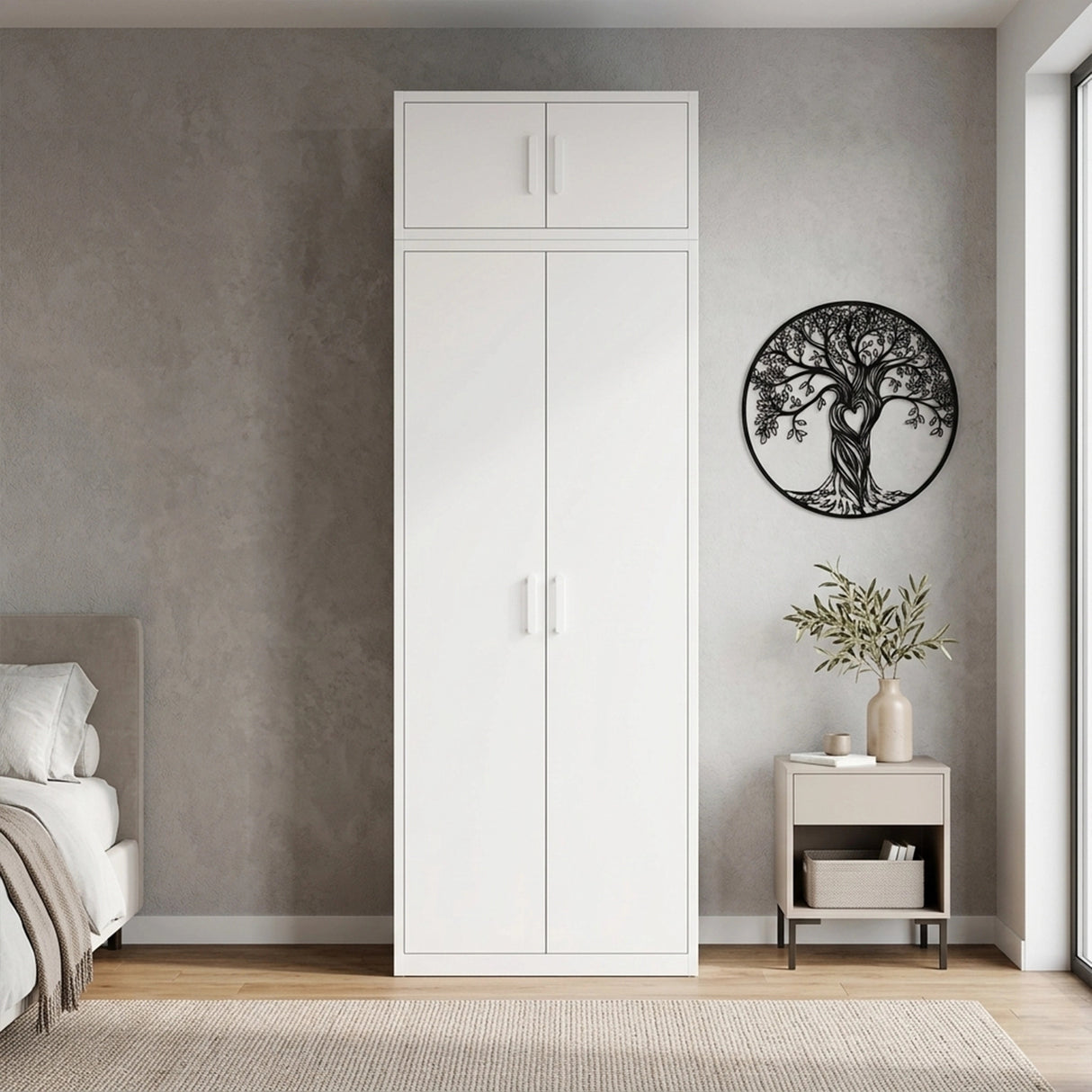 80cm 2-Door White Steel Shelf Wardrobe, Above Storage - White Handle