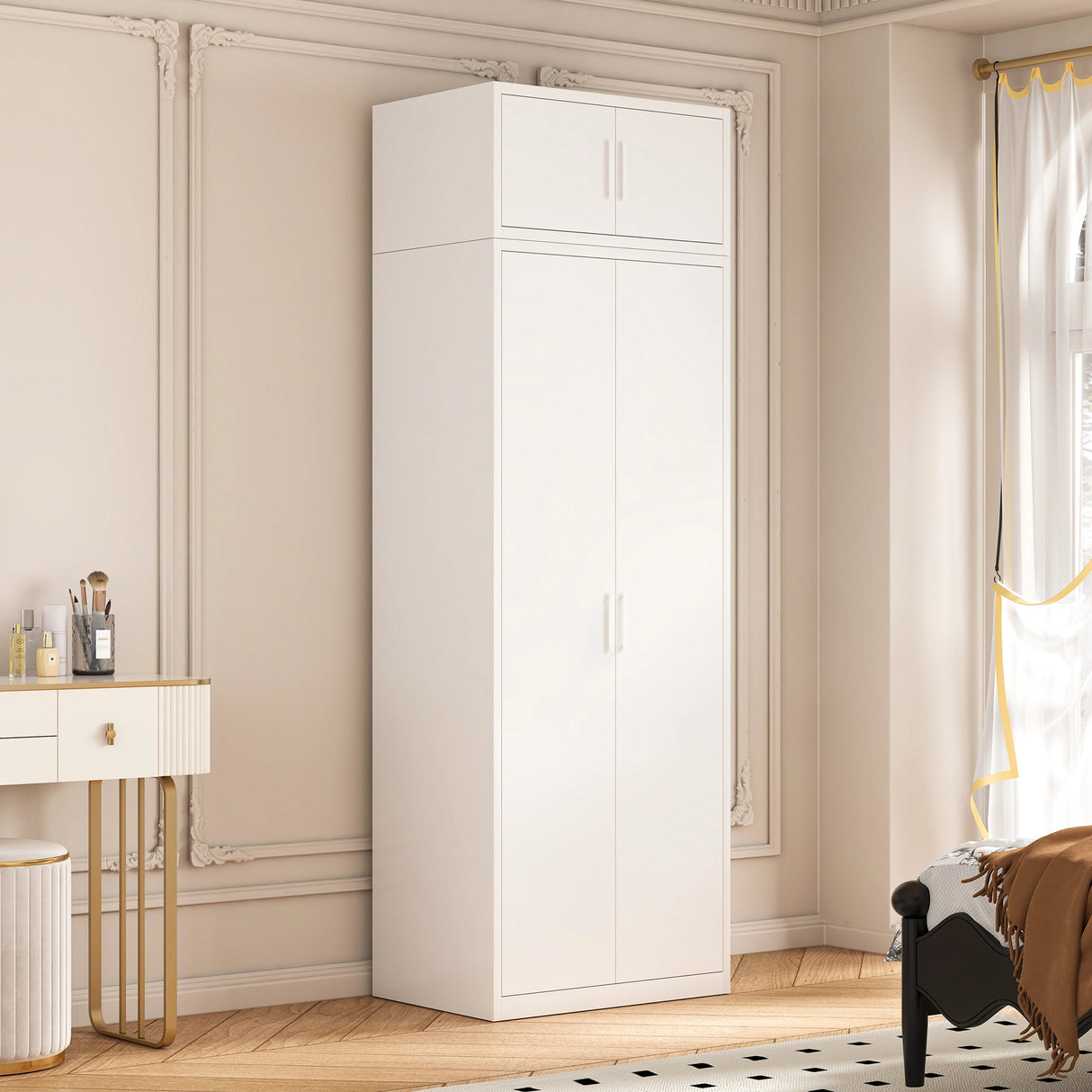 80cm 2-Door White Steel Shelf Wardrobe, Above Storage - White Handle