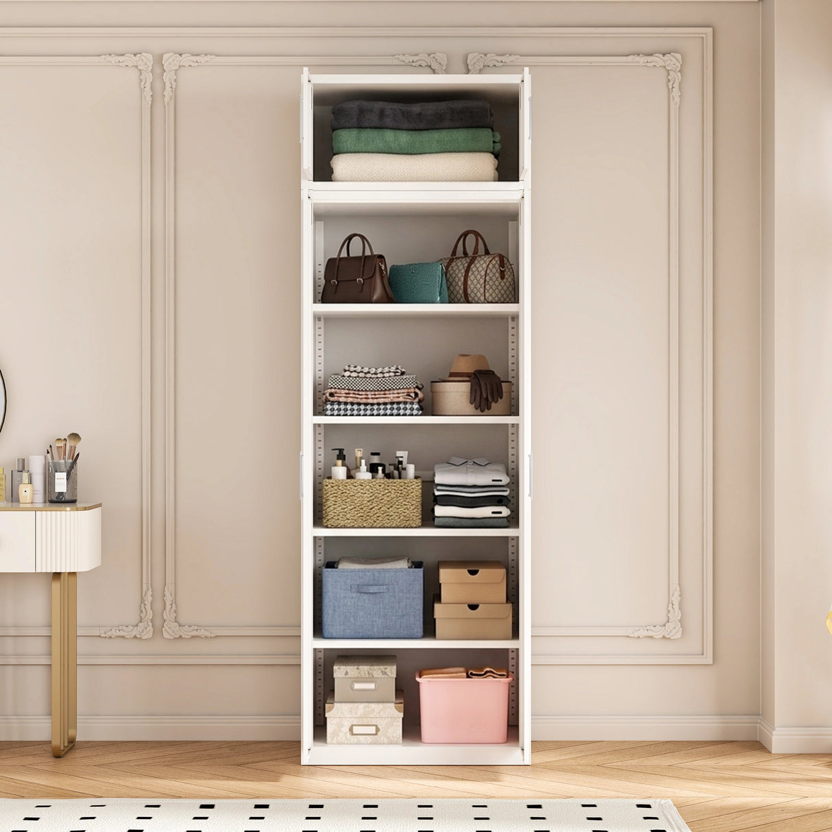 80cm 2-Door White Steel Shelf Wardrobe, Above Storage - White Handle