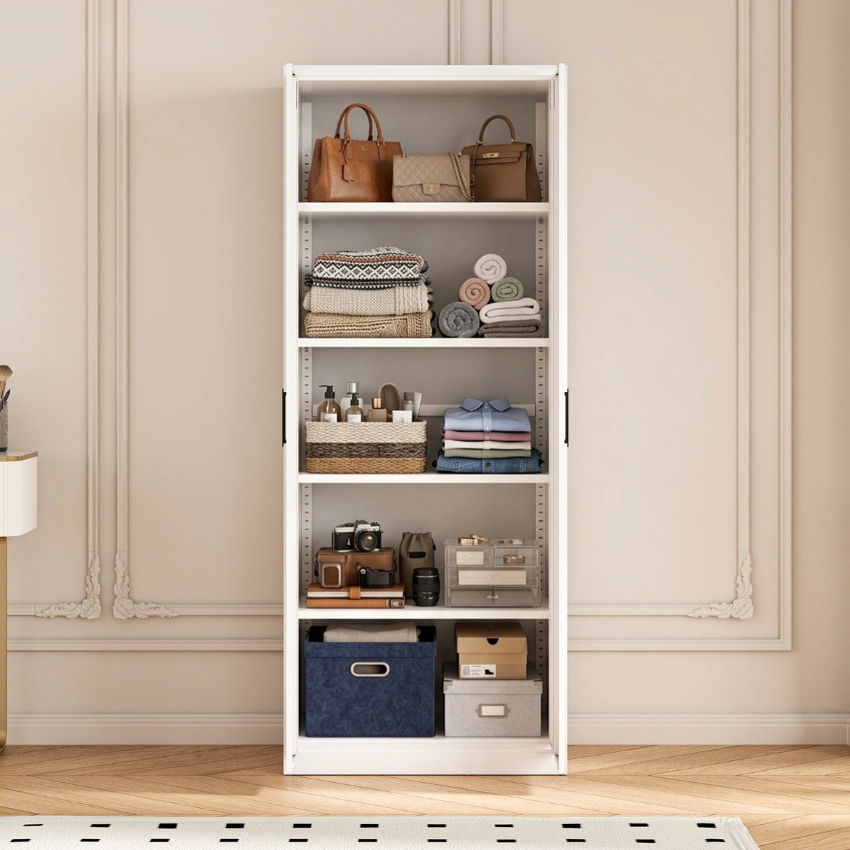 80cm 2-Door White Steel Shelf Wardrobe, No Above Storage - Black Handle
