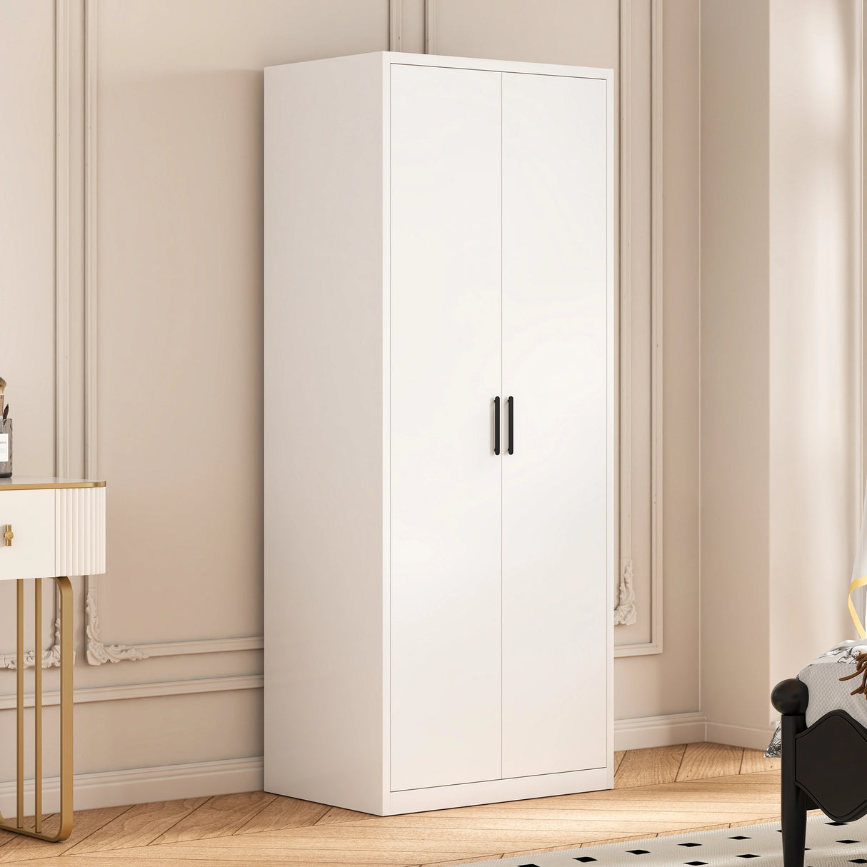 80cm 2-Door White Steel Shelf Wardrobe, No Above Storage - Black Handle