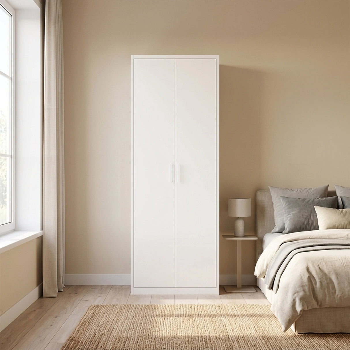 80cm 2-Door White Steel Shelf Wardrobe, No Above Storage - White Handle