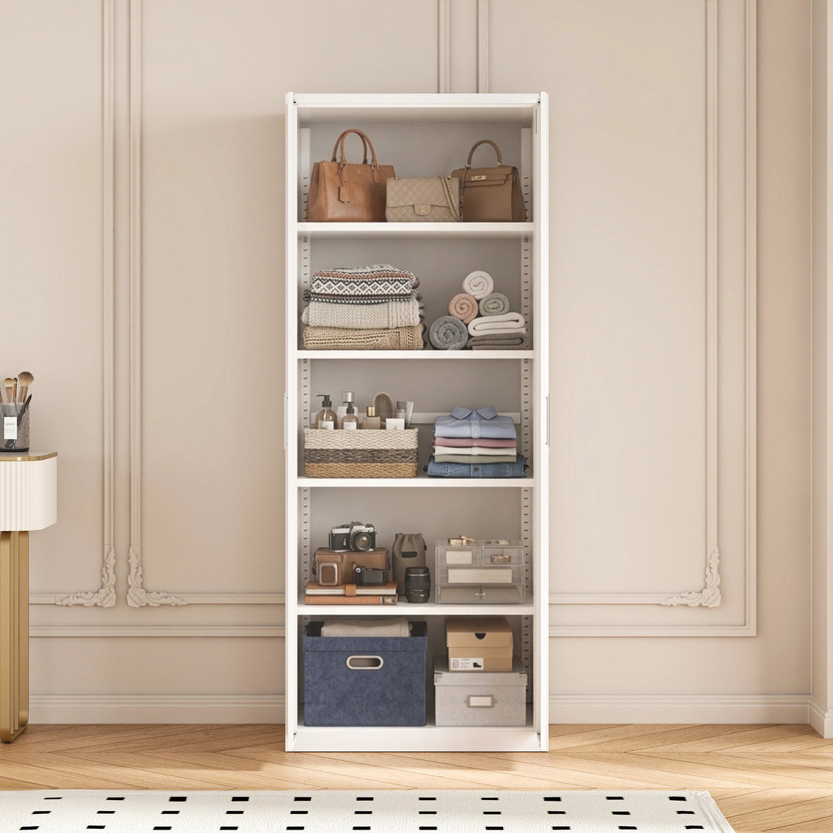 80cm 2-Door White Steel Shelf Wardrobe, No Above Storage - White Handle