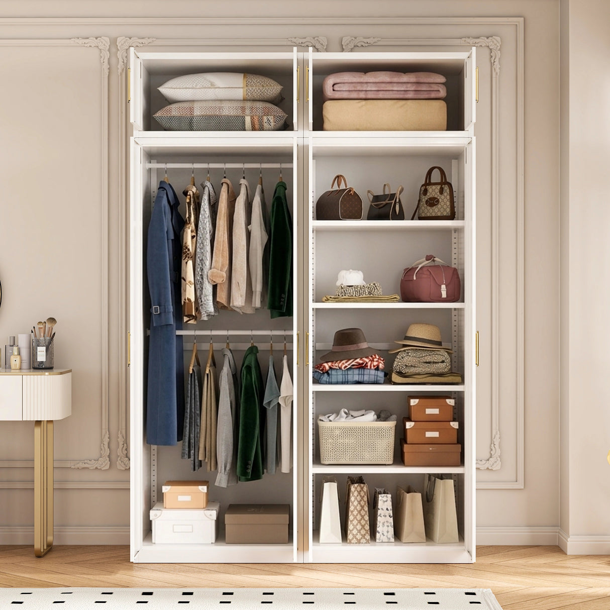 160cm 4-Door White Steel Hanging and Shelf Wardrobe, Above Storage - Gold Handle