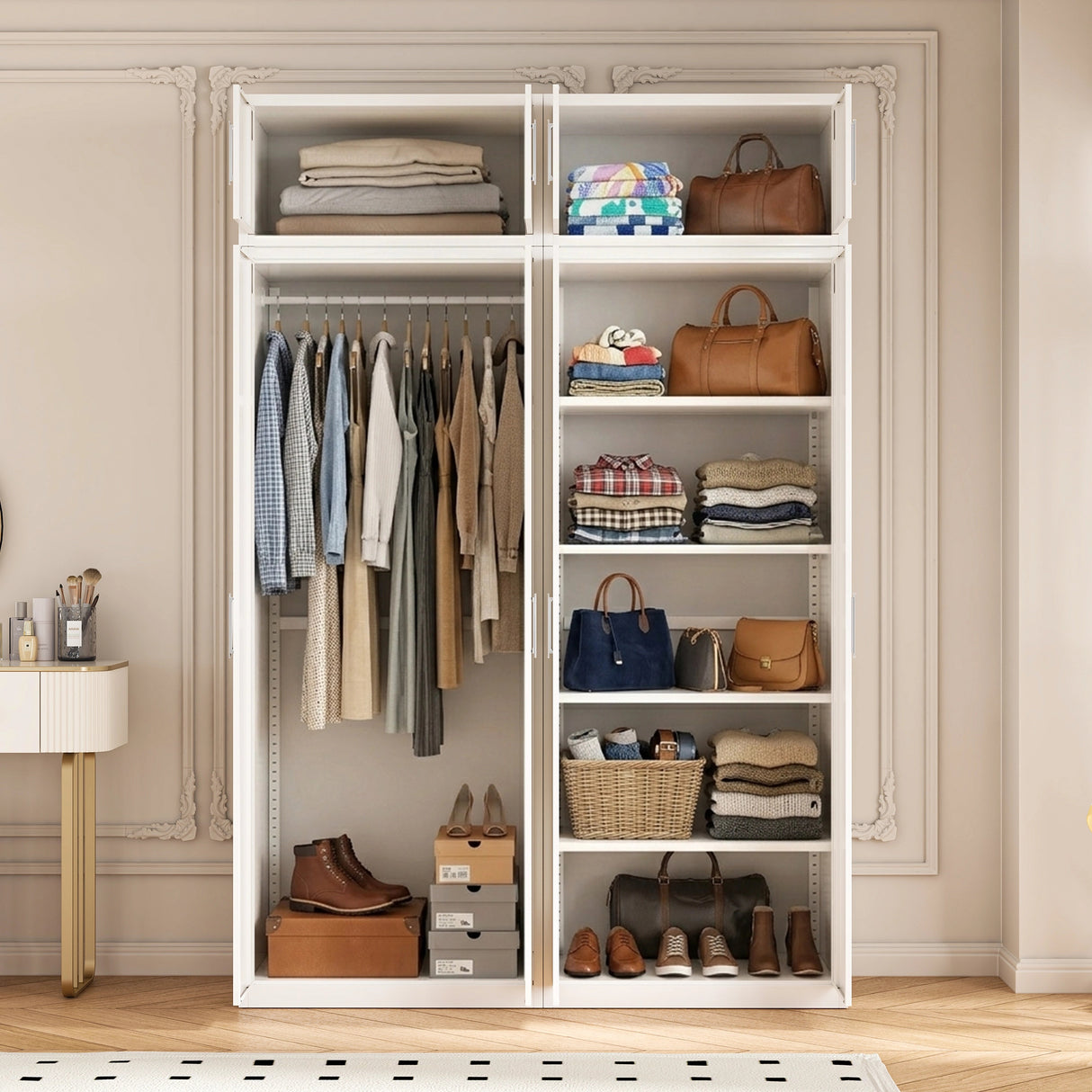 160cm 4-Door White Steel Hanging and Shelf Wardrobe, Above Storage - White Handle