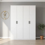 160cm 4-Door White Steel Hanging and Shelf Wardrobe, No Above Storage - Black Handle