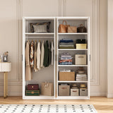 160cm 4-Door White Steel Hanging and Shelf Wardrobe, No Above Storage - Black Handle - Front View