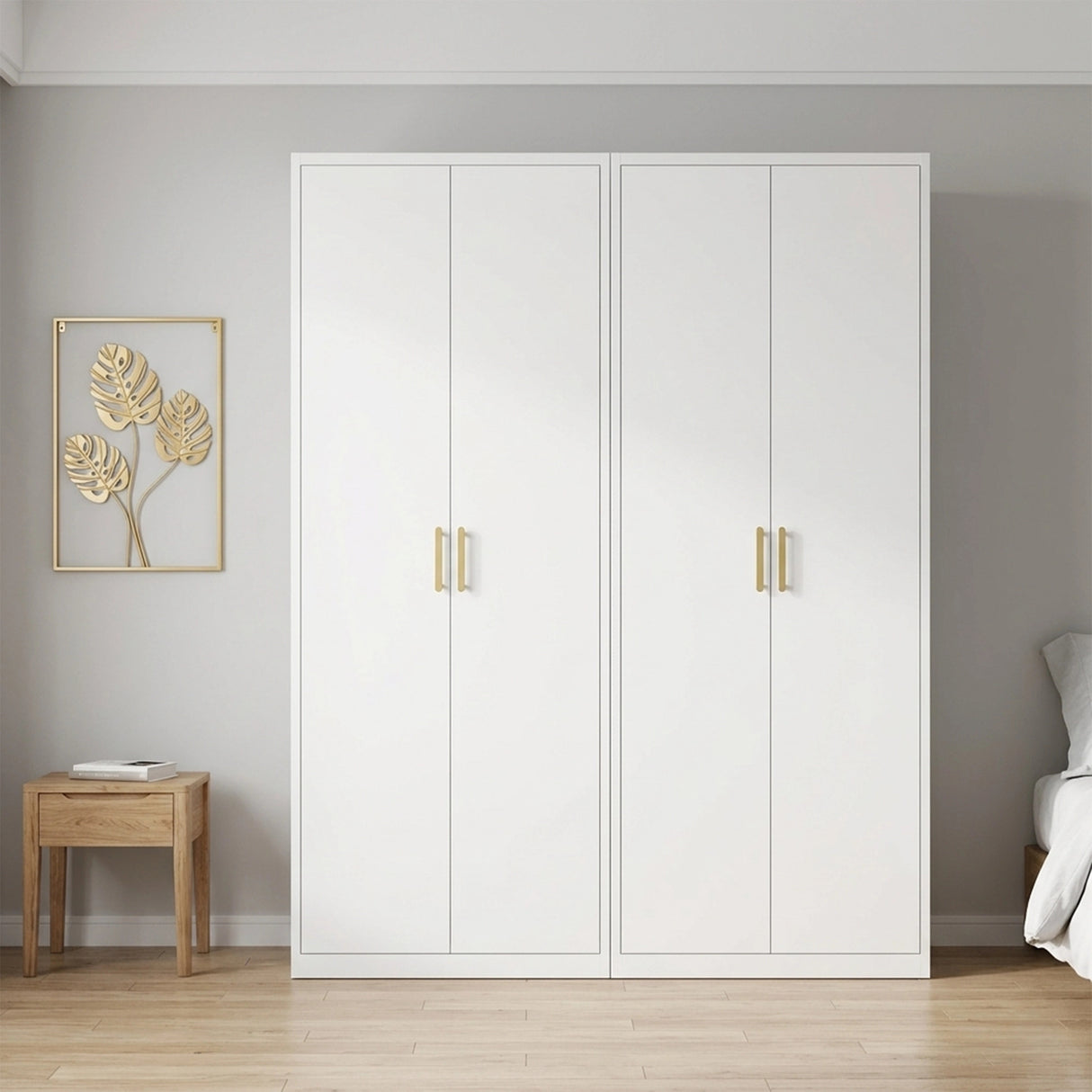 160cm 4-Door White Steel Hanging and Shelf Wardrobe, No Above Storage - Gold Handle