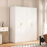 160cm 4-Door White Steel Hanging and Shelf Wardrobe, No Above Storage - Gold Handle