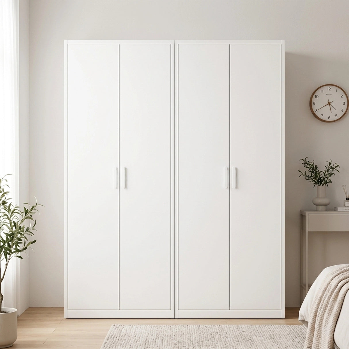 160cm 4-Door White Steel Hanging and Shelf Wardrobe, No Above Storage - White Handle