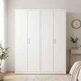 160cm 4-Door White Steel Hanging and Shelf Wardrobe, No Above Storage - White Handle