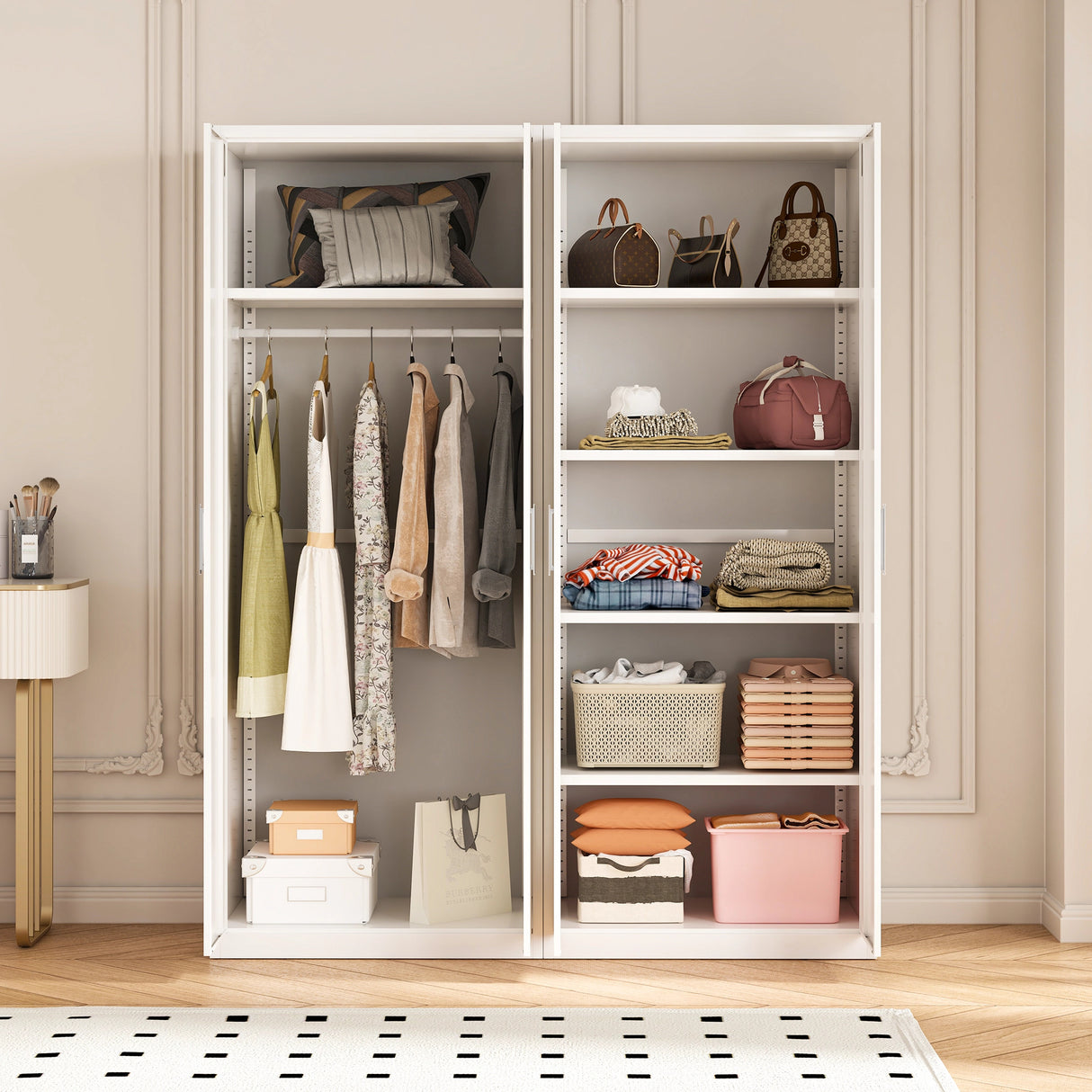 160cm 4-Door White Steel Hanging and Shelf Wardrobe, No Above Storage - White Handle
