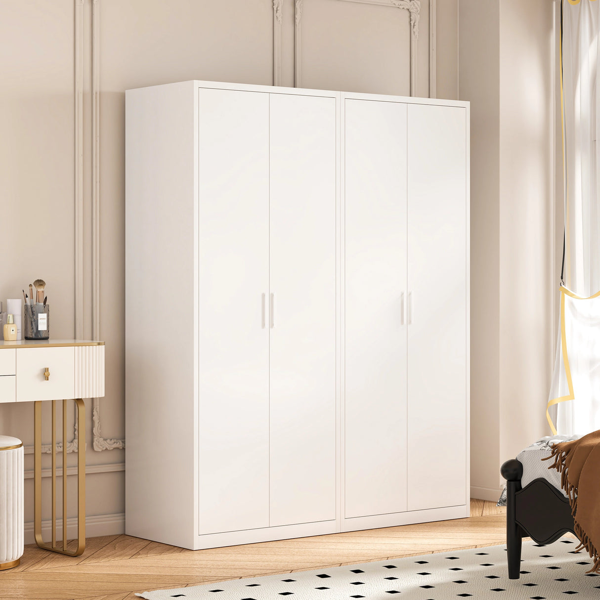 160cm 4-Door White Steel Hanging and Shelf Wardrobe, No Above Storage - White Handle