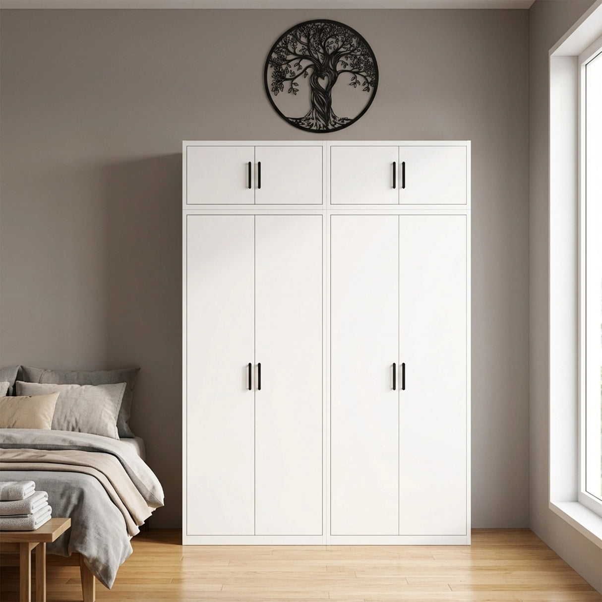 160cm 4-Door White Steel 2 Hanging Wardrobe, Above Storage - Black Handle