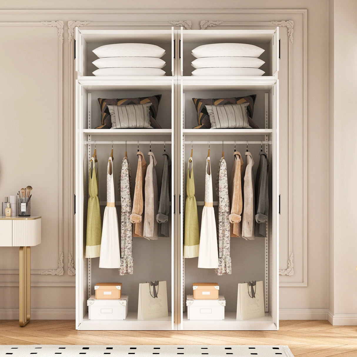 160cm 4-Door White Steel 2 Hanging Wardrobe, Above Storage - Black Handle