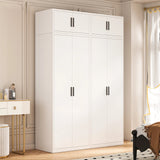 160cm 4-Door White Steel 2 Hanging Wardrobe, Above Storage - Black Handle