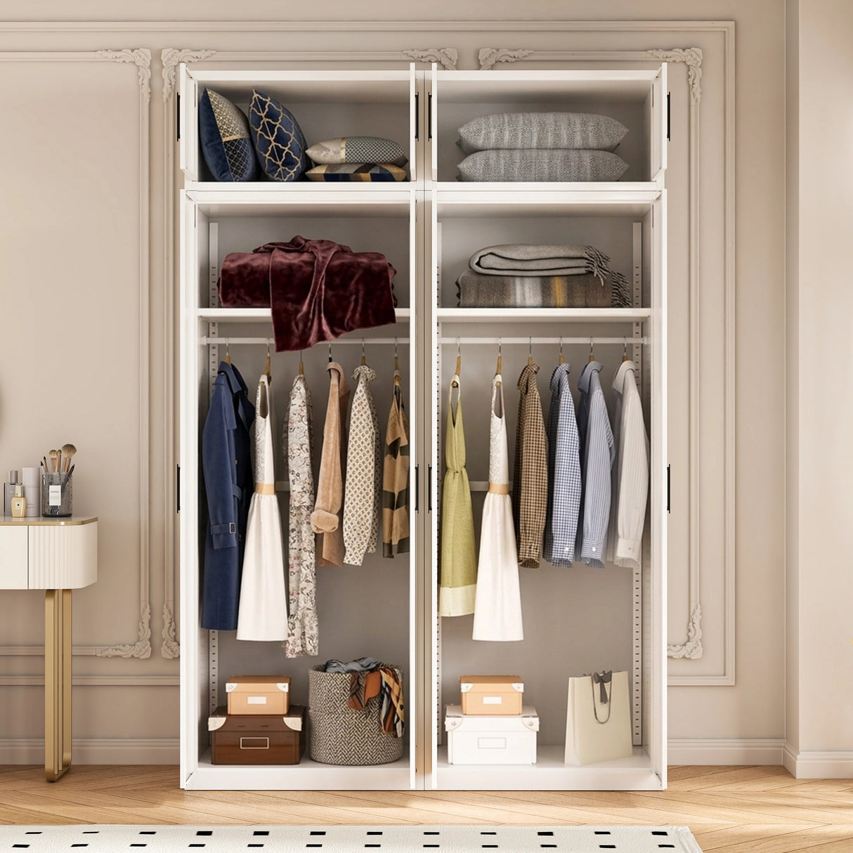 160cm 4-Door White Steel 2 Hanging Wardrobe, Above Storage - Black Handle