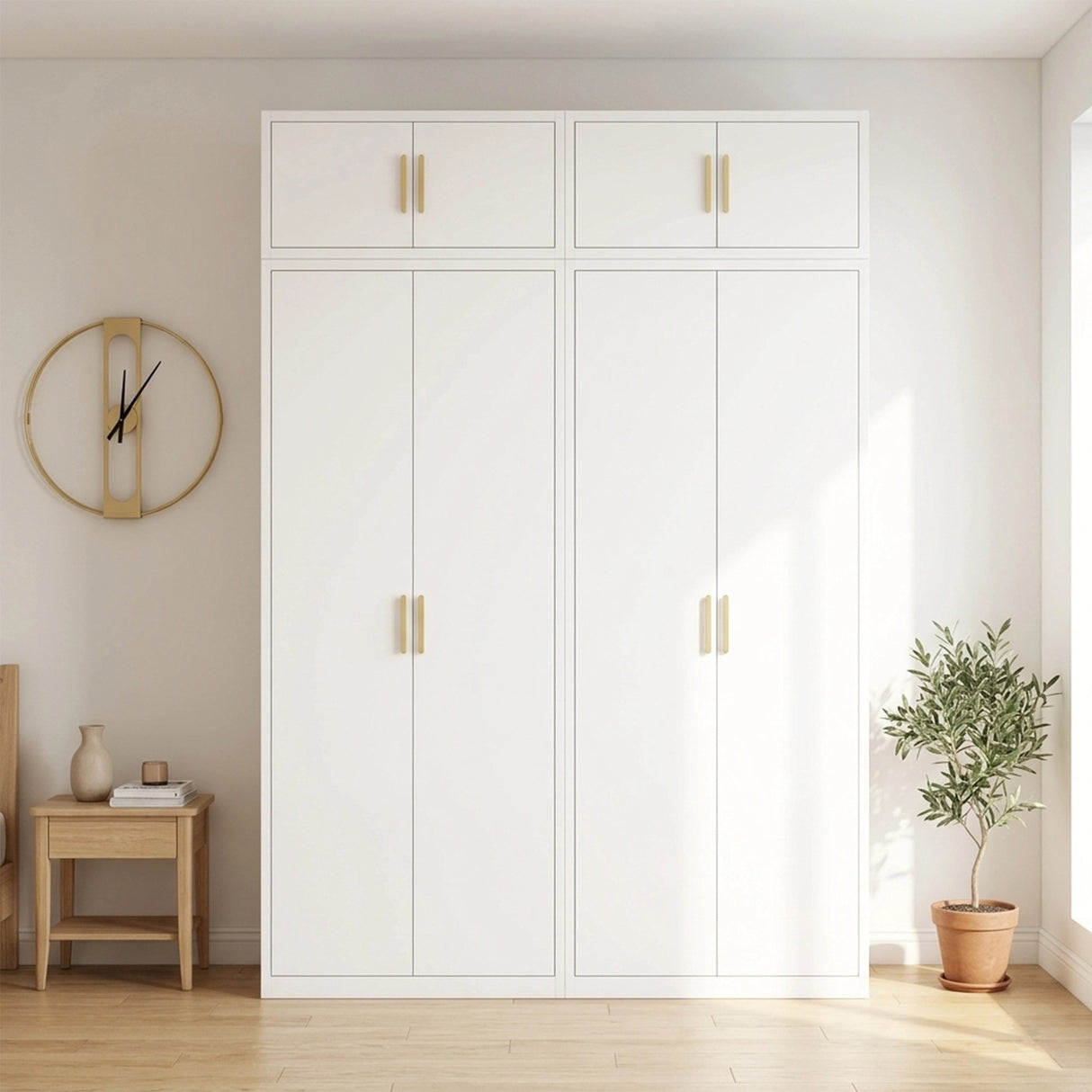 160cm 4-Door White Steel 2 Hanging Wardrobe, Above Storage - Gold Handle