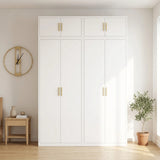 160cm 4-Door White Steel 2 Hanging Wardrobe, Above Storage - Gold Handle