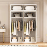 160cm 4-Door White Steel 2 Hanging Wardrobe, Above Storage - Gold Handle - Front View