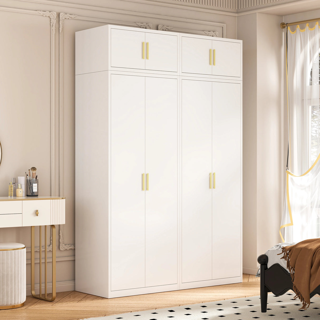 160cm 4-Door White Steel 2 Hanging Wardrobe, Above Storage - Gold Handle