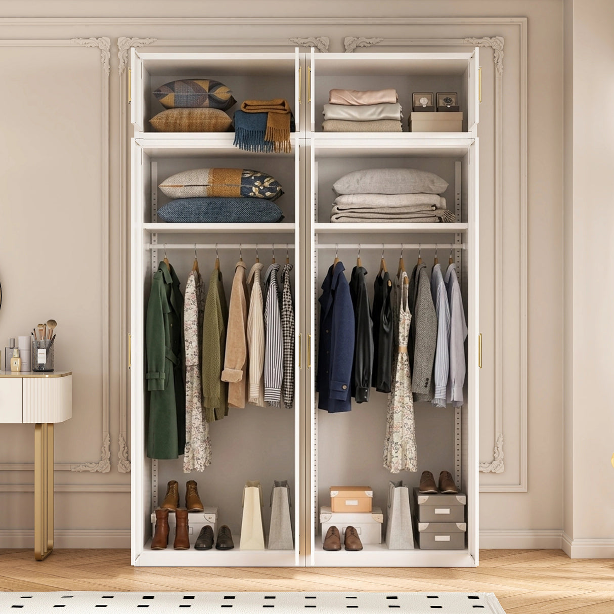 160cm 4-Door White Steel 2 Hanging Wardrobe, Above Storage - Gold Handle