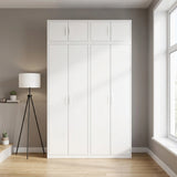 160cm 4-Door White Steel 2 Hanging Wardrobe, Above Storage - White Handle