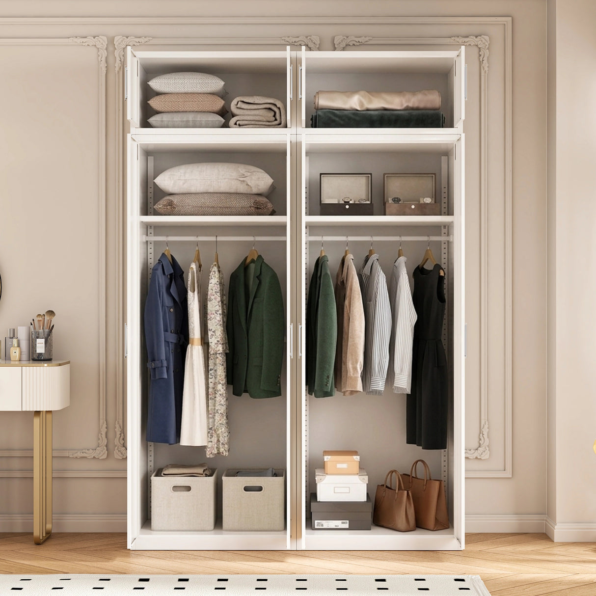 160cm 4-Door White Steel 2 Hanging Wardrobe, Above Storage - White Handle