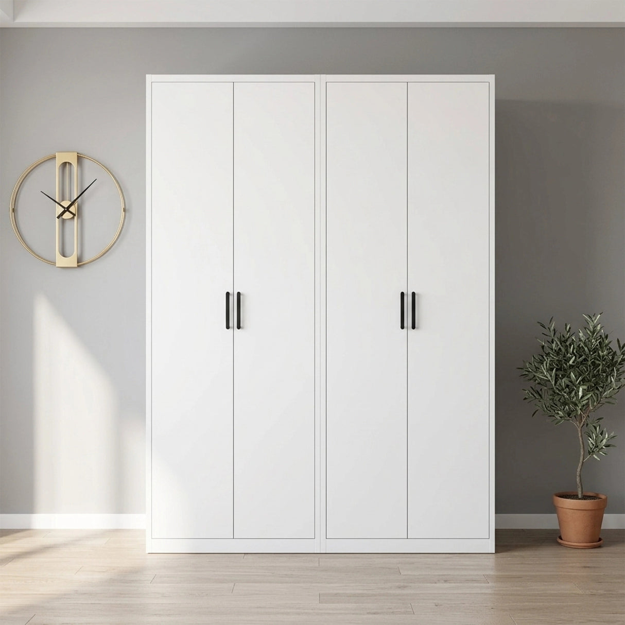 160cm 4-Door White Steel 2 Hanging Wardrobe, No Above Storage - Black Handle