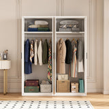 160cm 4-Door White Steel 2 Hanging Wardrobe, No Above Storage - Black Handle