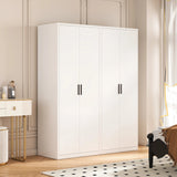 160cm 4-Door White Steel 2 Hanging Wardrobe, No Above Storage - Black Handle