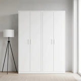 160cm 4-Door White Steel 2 Hanging Wardrobe, No Above Storage - White Handle