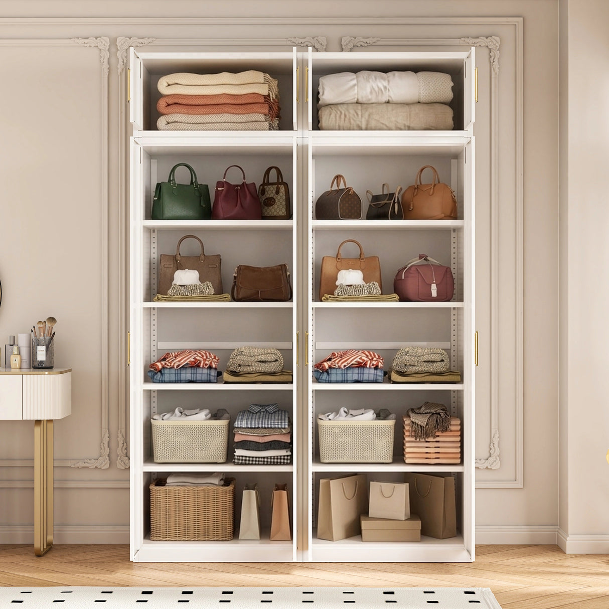 160cm 4-Door White Steel 2 Shelf Wardrobe, Above Storage - Gold Handle