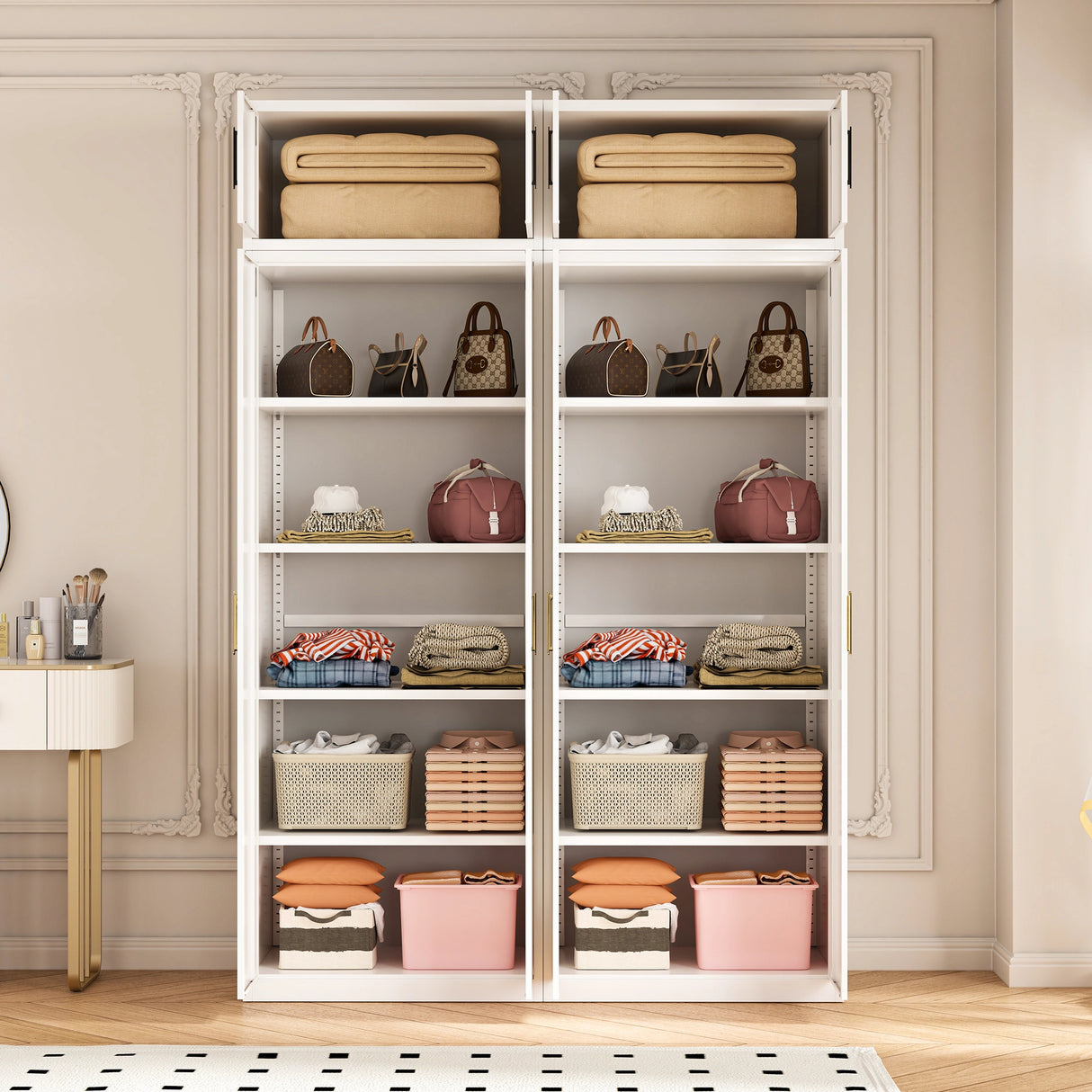 160cm 4-Door White Steel 2 Shelf Wardrobe, Above Storage - Gold Handle