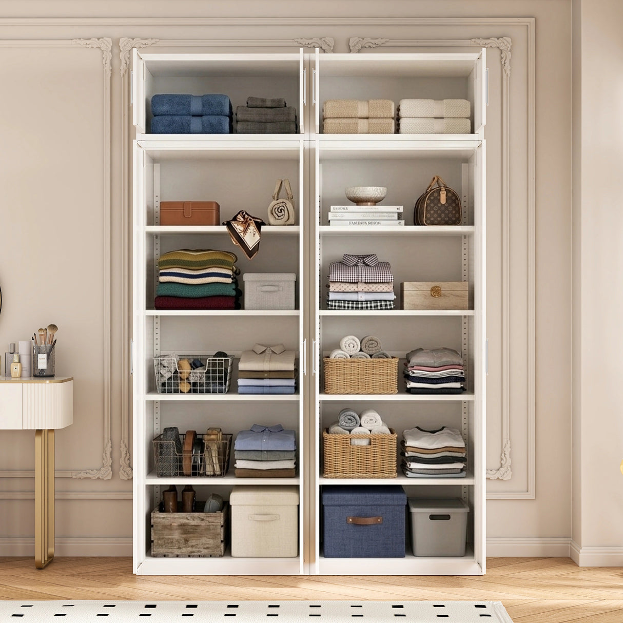 160cm 4-Door White Steel 2 Shelf Wardrobe, Above Storage - White Handle
