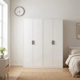 160cm 4-Door White Steel 2 Shelf Wardrobe, No Above Storage - Black Handle