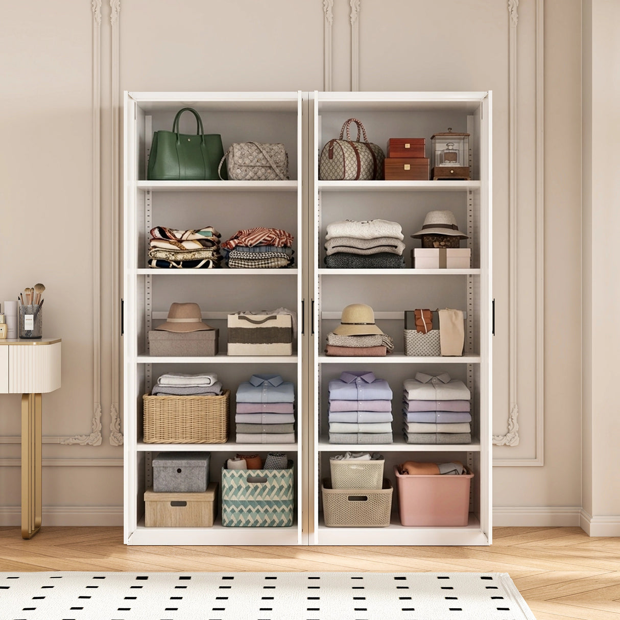 160cm 4-Door White Steel 2 Shelf Wardrobe, No Above Storage - Black Handle