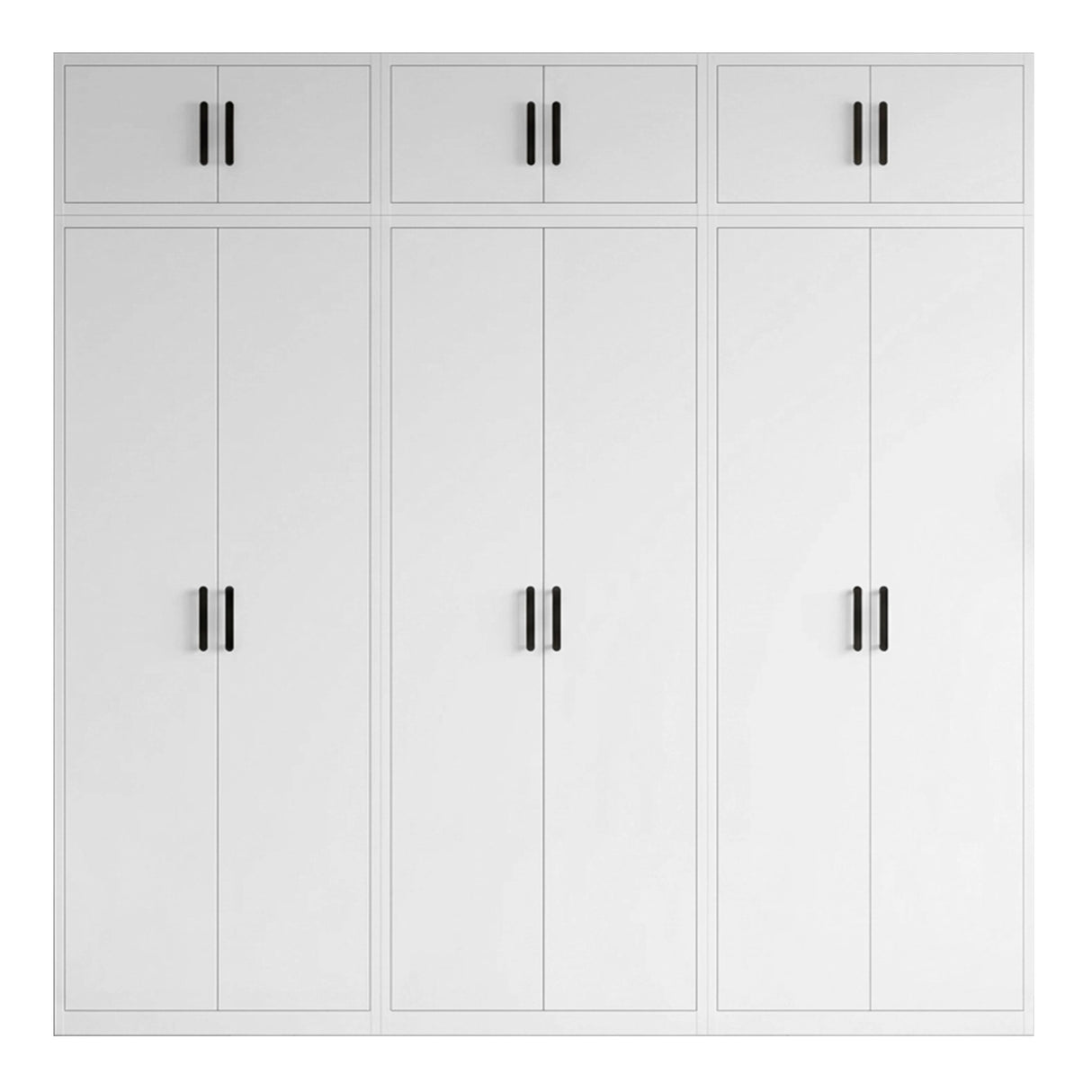 240cm 6-Door White Steel 2 Hanging and 1 Shelf Wardrobe, Above Storage - Black Handle