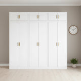 240cm 6-Door White Steel 2 Hanging and 1 Shelf Wardrobe, Above Storage - Gold Handle