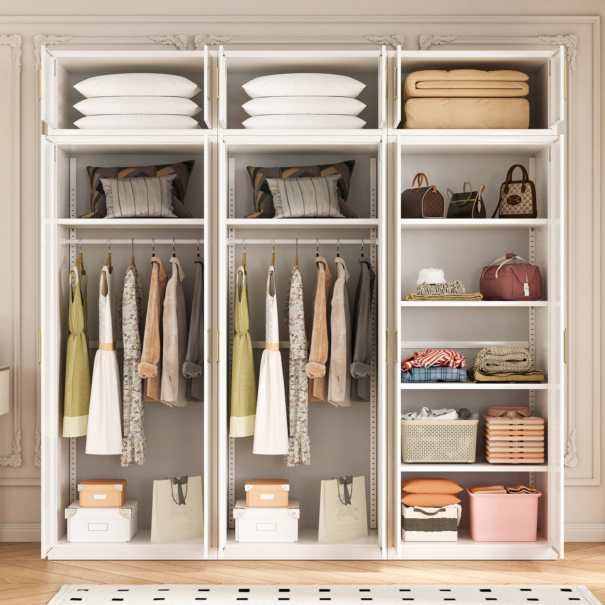 240cm 6-Door White Steel 2 Hanging and 1 Shelf Wardrobe, Above Storage - Gold Handle