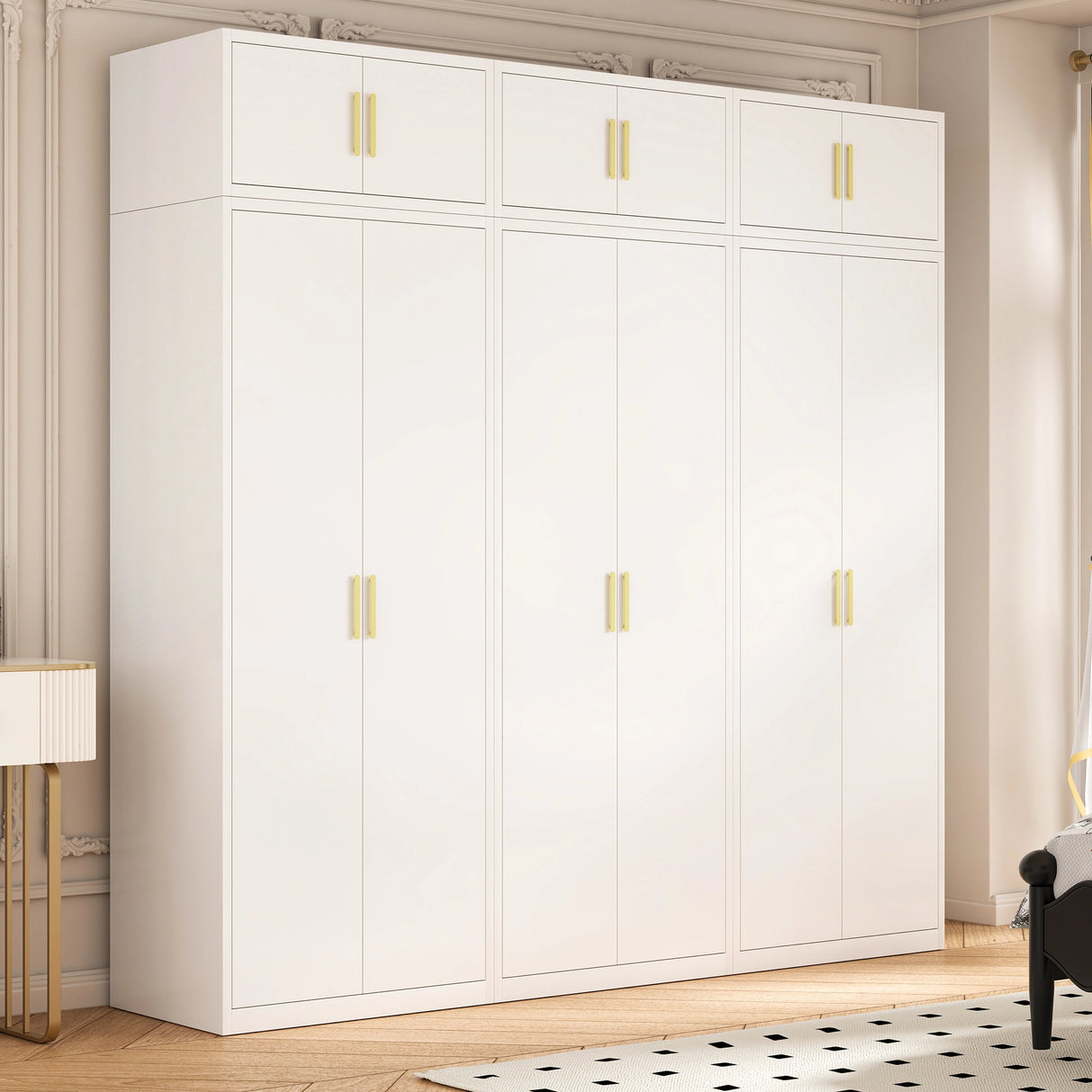 240cm 6-Door White Steel 2 Hanging and 1 Shelf Wardrobe, Above Storage - Gold Handle