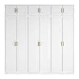 240cm 6-Door White Steel 2 Hanging and 1 Shelf Wardrobe, Above Storage - Gold Handle - 45-Degree Angle