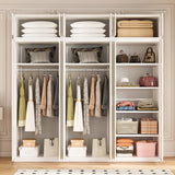240cm 6-Door White Steel 2 Hanging and 1 Shelf Wardrobe, Above Storage - White Handle - Front View