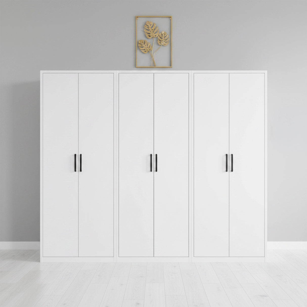240cm 6-Door White Steel 2 Hanging and 1 Shelf Wardrobe, No Above Storage - Black Handle