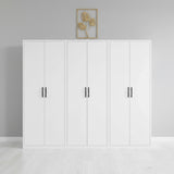 240cm 6-Door White Steel 2 Hanging and 1 Shelf Wardrobe, No Above Storage - Black Handle